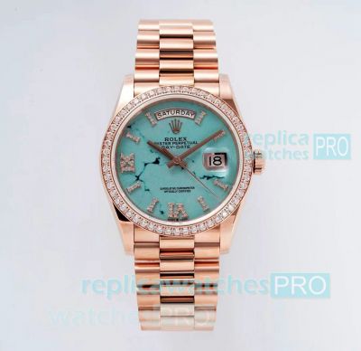 TWS Factory AAA Replica Rolex Rose Gold Turquoise Blue DayDate 36 mm 2836 Watch Diamond-set
